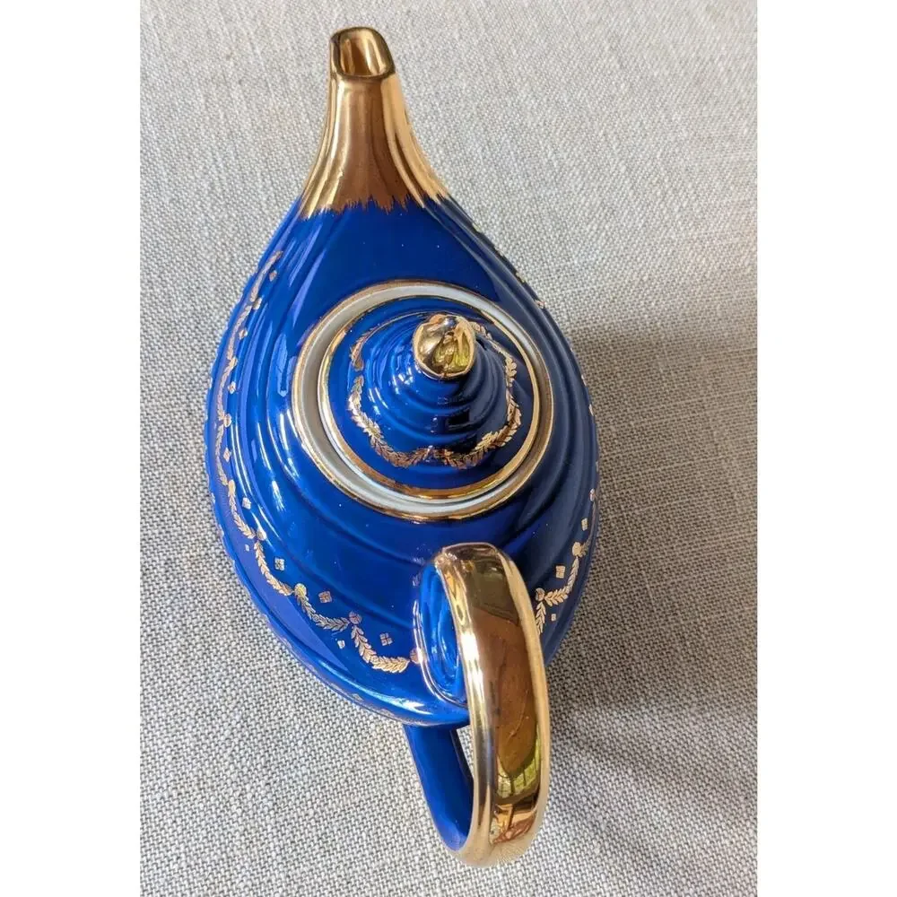 Hall China MCM Marine Blue Aladdin Teapot With Gold Trim and Lid 1950s